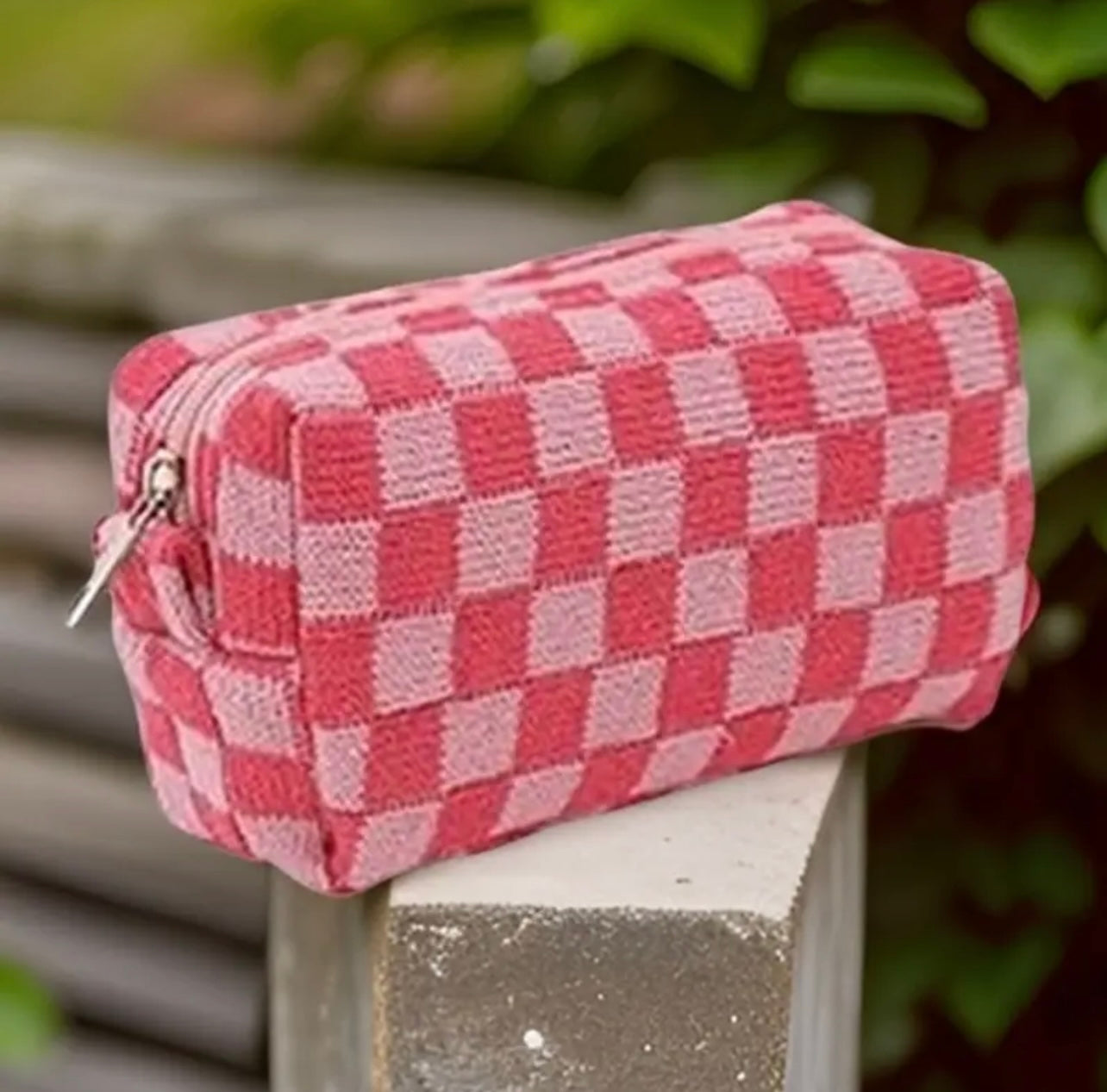 Checkered Knit Cosmetic Pouch - Pink