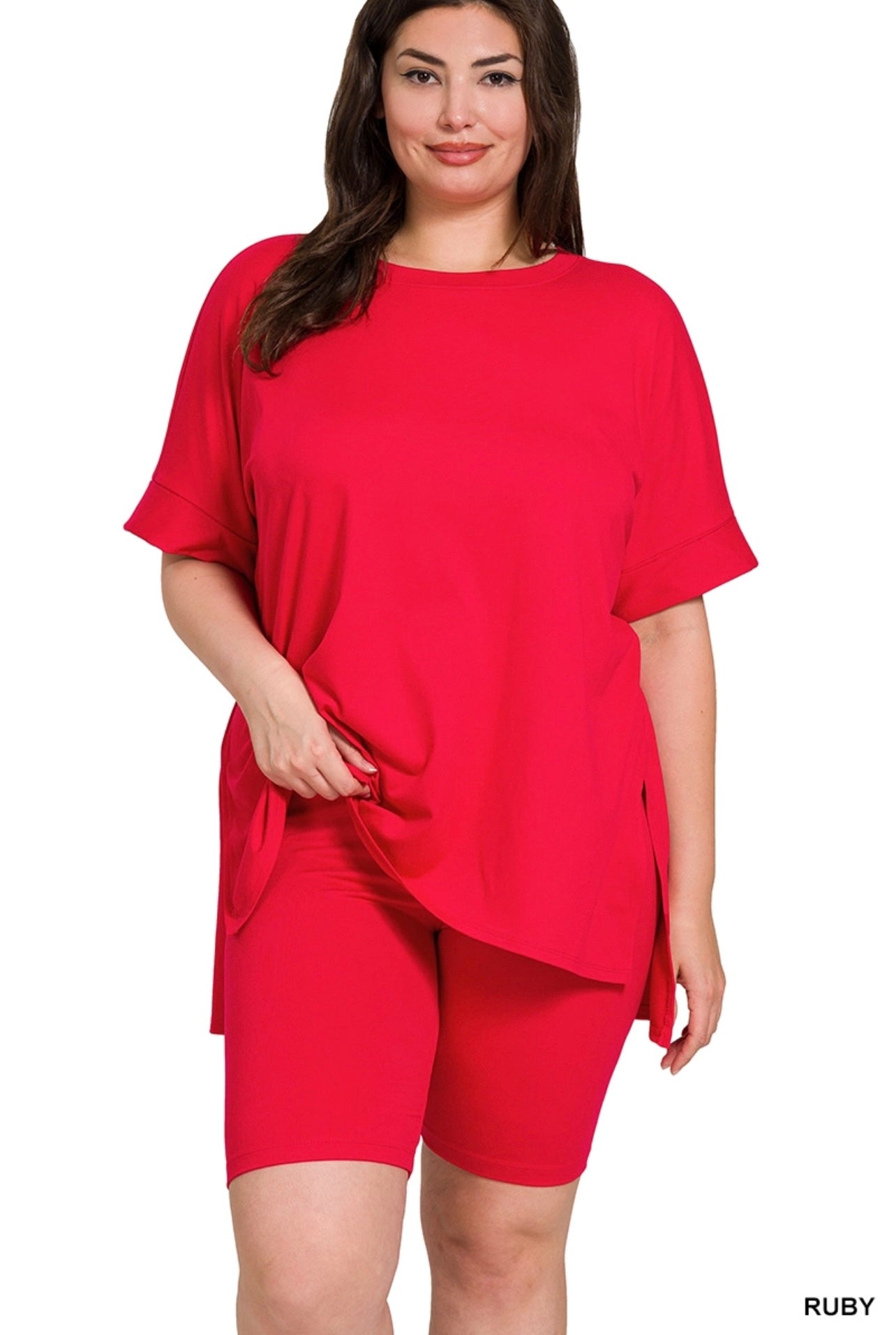 Long Tee & Biker Short Matching Set - Ruby Red