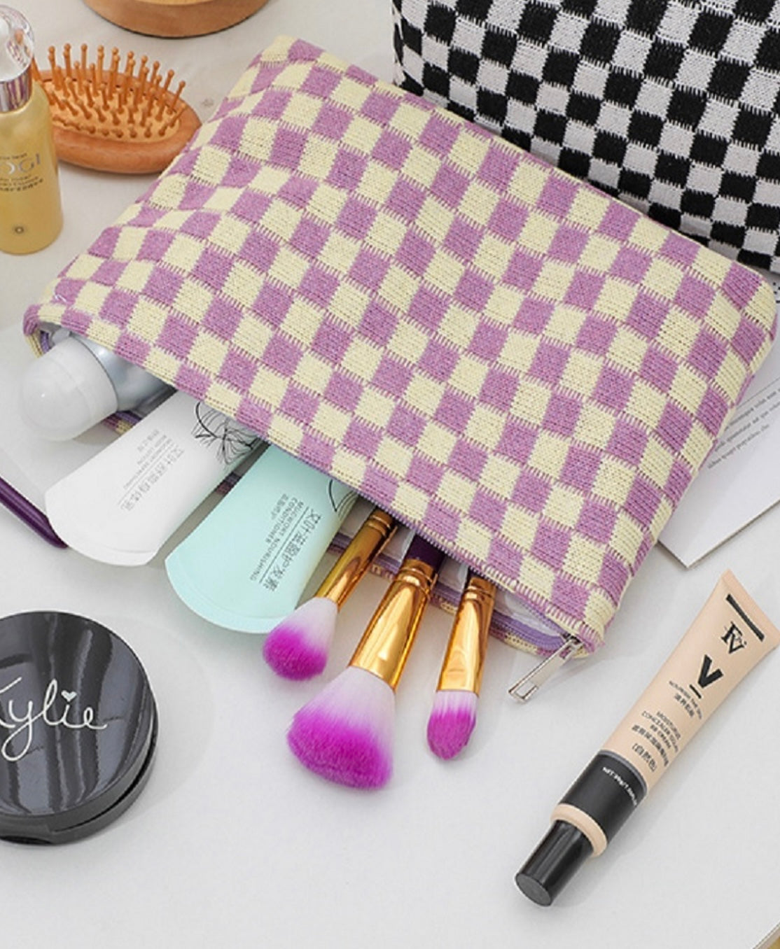 Checkered Knit Accessories Clutch - Lavender
