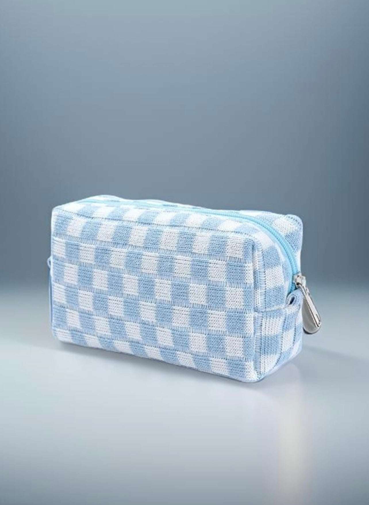 Checkered Knit Cosmetic Pouch - Blue