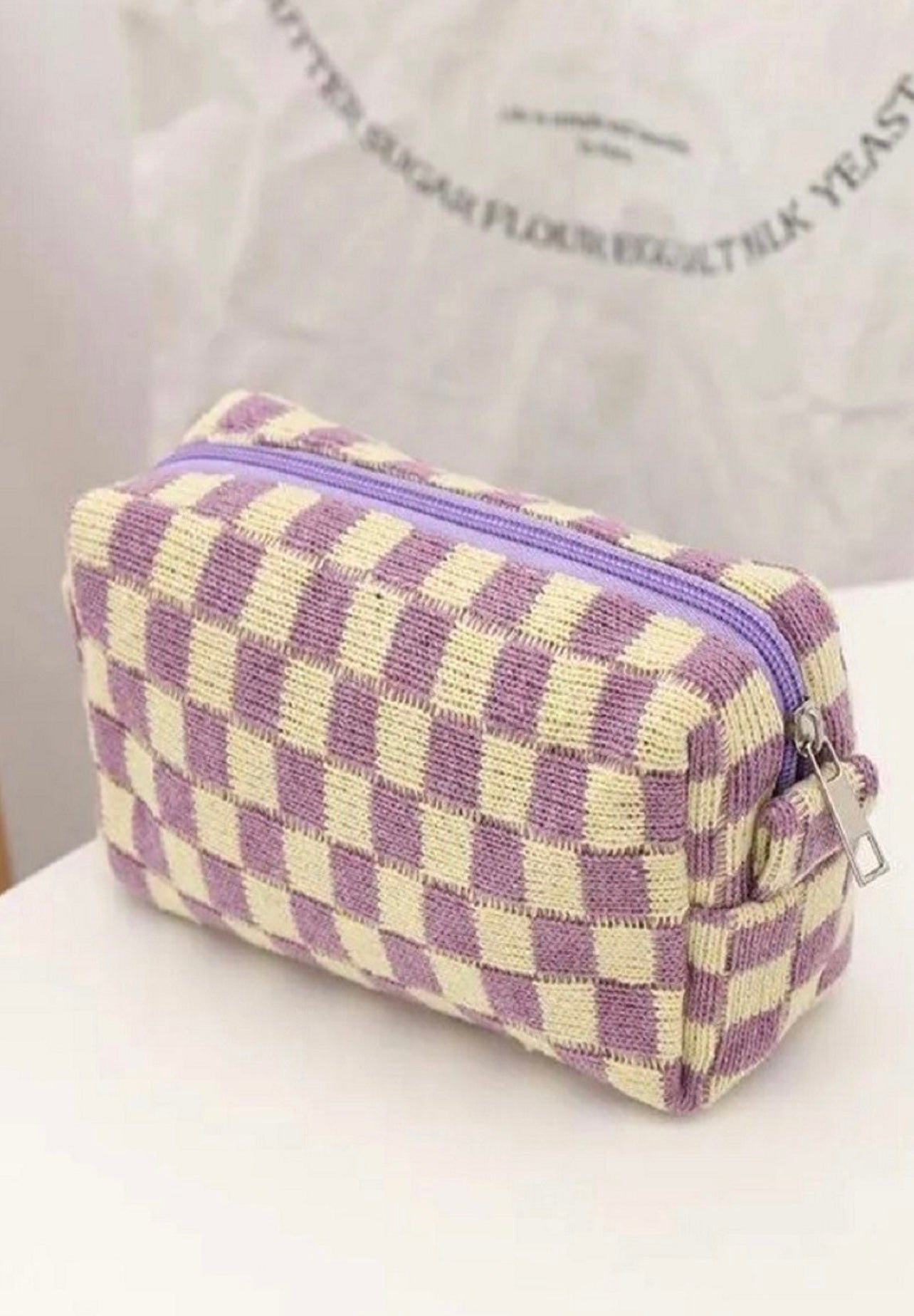 Checkered Knit Cosmetic Pouch - Lavender