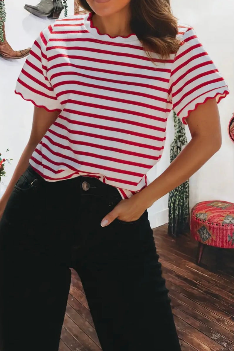 Stripe Scalloped Trim Round Neck Shirt